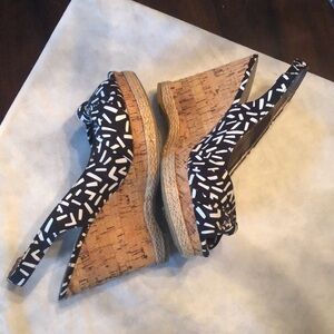 Michael tie knot fabric perp toe back strap cork & braid trim high wedges